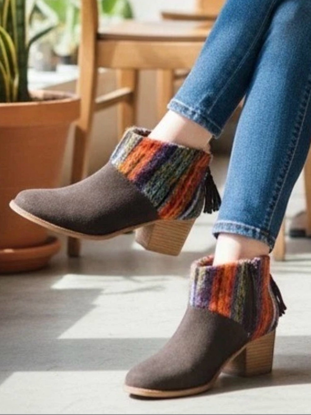 Toms Brown Suede Ankle Boots with Multicolor Knit Cuffs